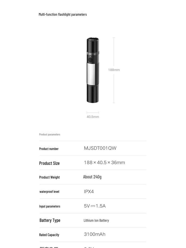 Xiaomi Mijia Multi-Function Rechargeable Flashlight: Portable, Long-Range, Strong Light, Safety Cutter, Ideal for Night Fishing and Outdoor Use