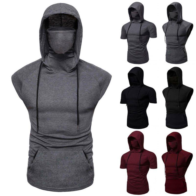 Stylish Men's Hooded Pullover T Shirt Tank Top With Protective Mask For Active Wear