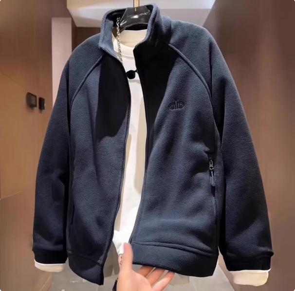 

Men s Versatile Warm Double-Sided Fleece Jacket with Embroidered Letters and Stand-Up Collar L синій