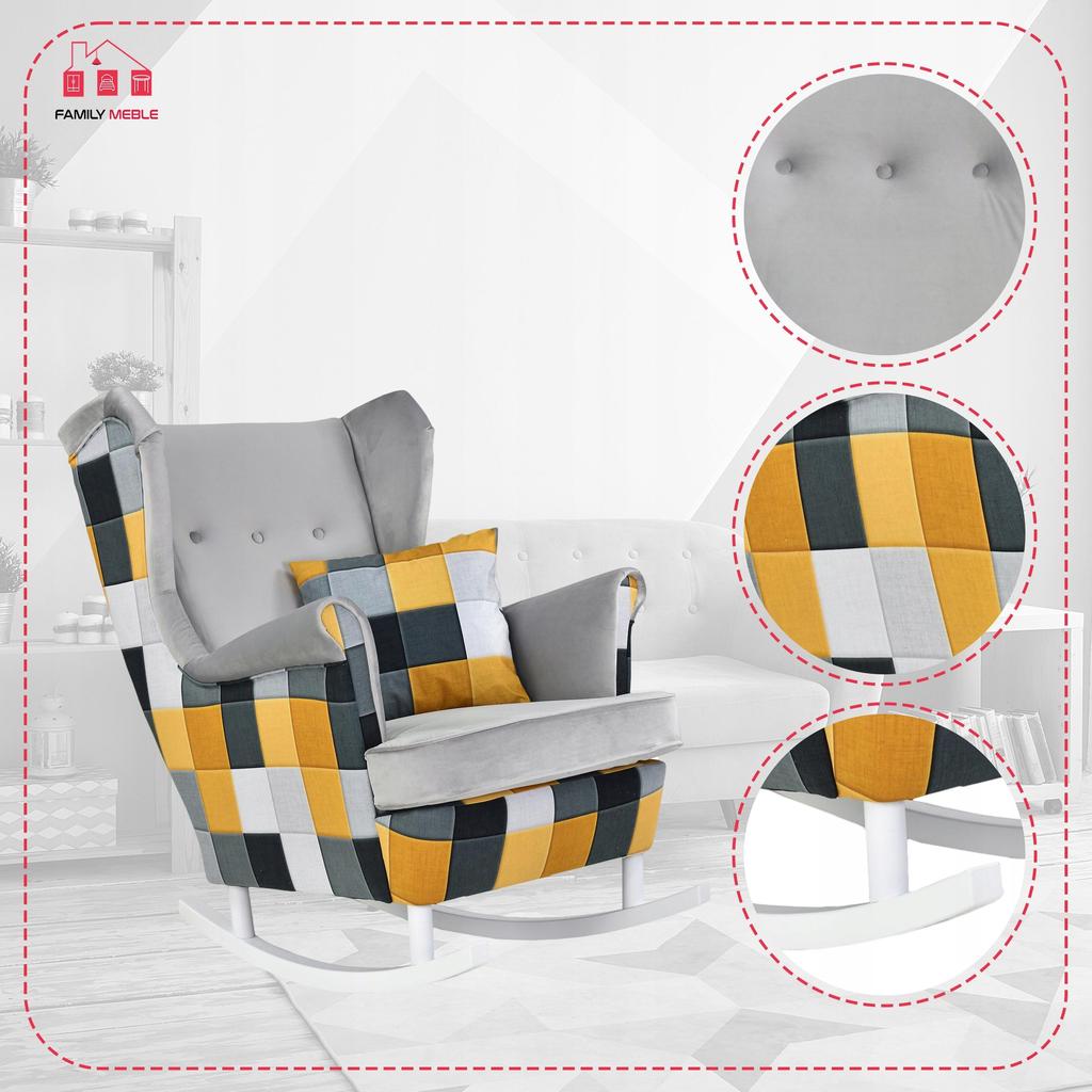 Fotel uszak Ari Print Duo bujany skandynawski Family Mebl kratka żółta