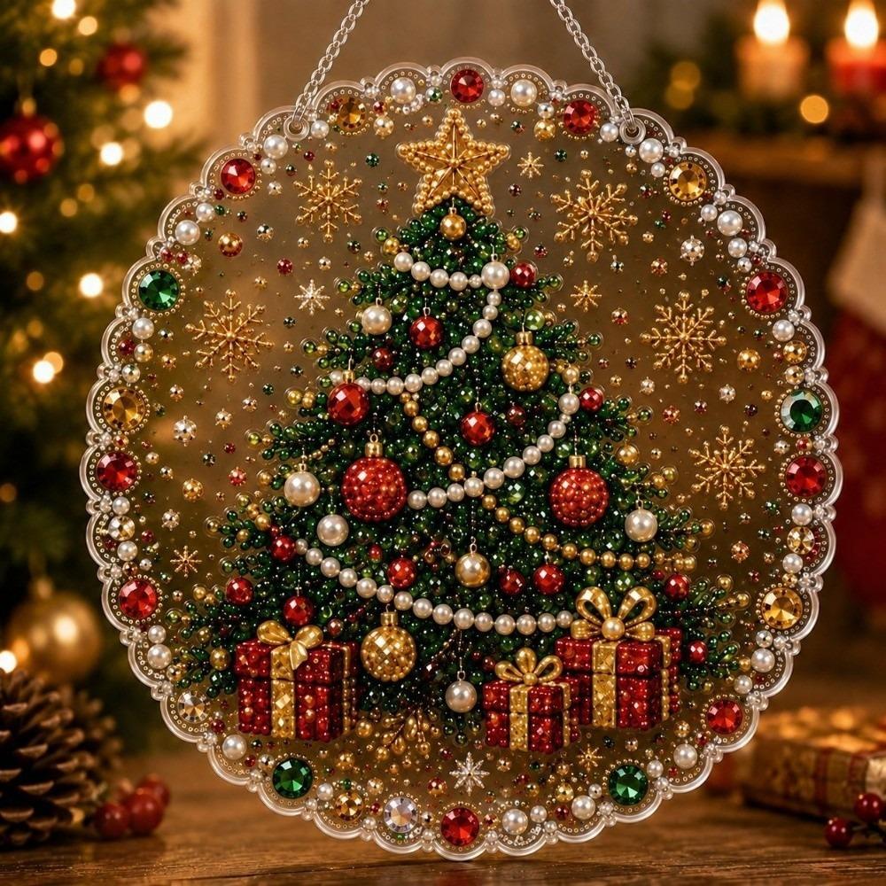 5D Christmas Diamond Painting Set Acrylic Round Board Xmas Acrylic Pendant Pearl Painting Kit Gift