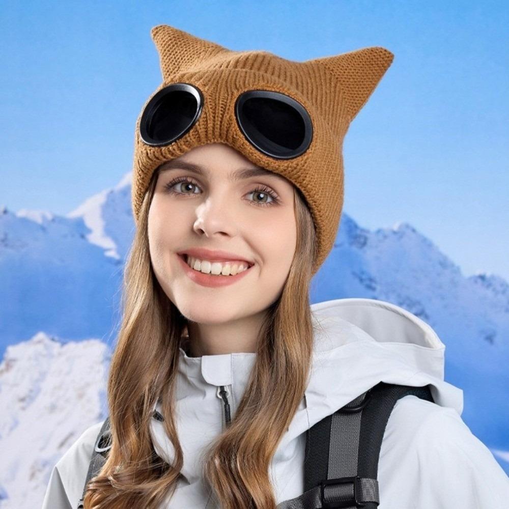 Plush Lining Winter Beanie Windproof Skullies Hat Fashion Knitted Goggles Hat for Women