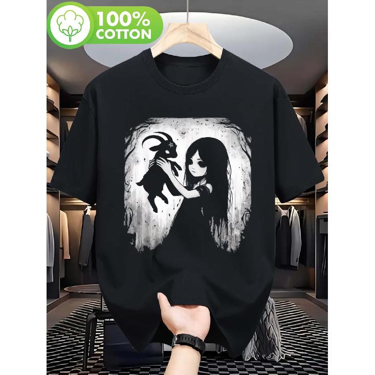 Women's Gothic Goat Demon Graphic T-Shirt - Soft Crew Neck Casual Tee with Goat Demon Print, Classic Black Goth Top for Music Festivals & Casual