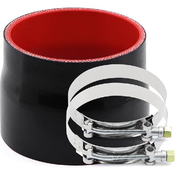 3 To 4 Inches Straight Black Silicone Reducer Coupler With 2 T-Bolt Clamps 4 Layers Of Polyester Reinforcement Suitable High Level Turbo Pipe