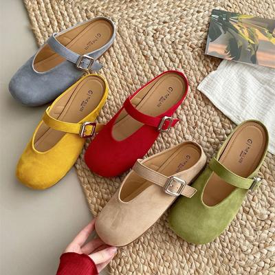 Fashion Cute Rainbow Color Flat Mules Slippers Women Faux Suede Belt Buckle Design Slide Sandals Summer Non-slip Comfort Women Loafers