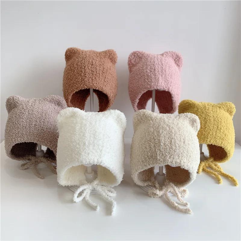 Cute Bear Baby Plush Hat Winter Warm Ear Protection Beanie Cap for Infant Boy Girl Solid Color Cartoon Kids Earmuff Caps Bonnet