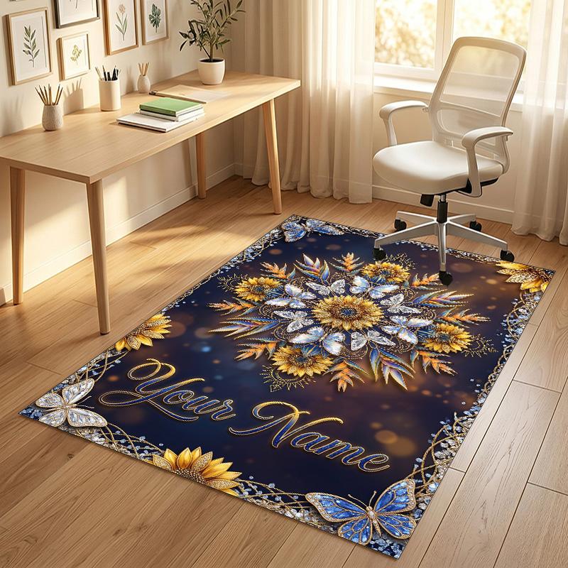Floral Garden Theme Crystal Velvet Rug Personalized Custom Name Text Soft Floor Mat Home Decor