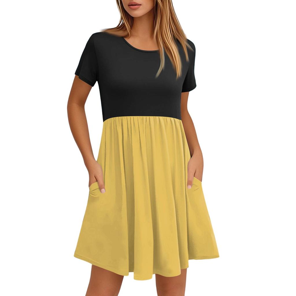 Women's Fashion Casual Loose Round Neck Short Sleeve Colour Block Pocket Dresses