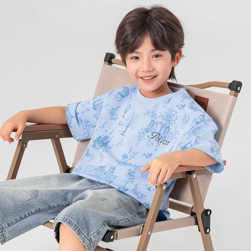 Boys  Cooling Cotton Short Sleeve T-shirt with Retro Blue Illustrated Print 110