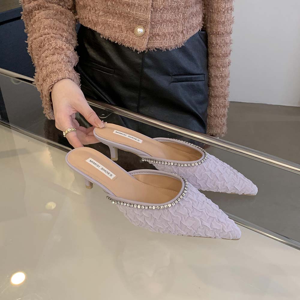 fashion Fashion Women Slides Slippers Pointed Toe Summer Outside Mules Shoes Thin Low Heeled Rhinestone Chain Casual Slip On Pumps 35-39