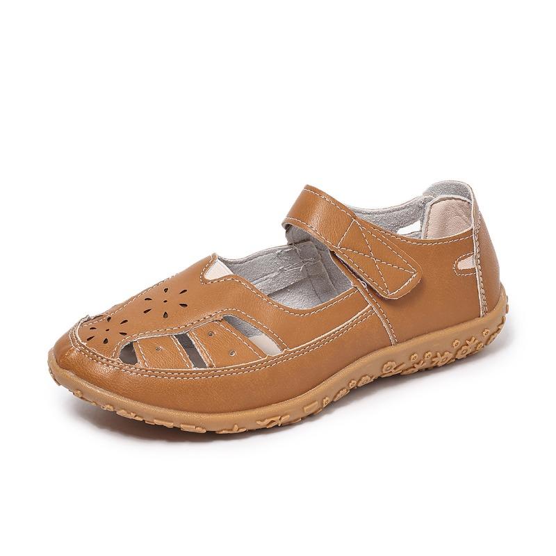 Women's Plus Size Closed Toe Roman Sandals, breathable hollow out flat design with comfy soft fit for daily casual walking wear