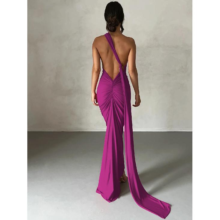 One Shoulder Rückenfrei Verstellbarer Schal Loop Gerafftes Sexy Maxikleid Damen Elegant Y2K Streetwear Festival Outfit