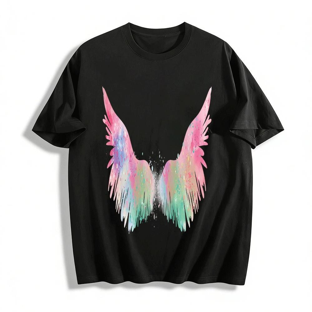 Gradient Watercolor Wing Print Loose Casual Versatile Top Pure cotton T-shirt XXS