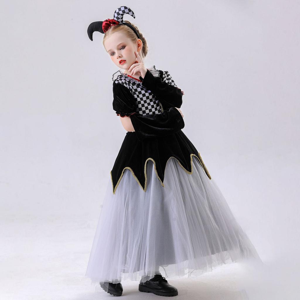 120-150cm Kinder Poker Dame Schwarz Weiß Kariert Clown Prinzessin Rock Halloween Kostüm