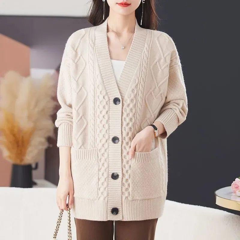 2026 A/W Women's V-neck Knit Cardigan - Mid-length, Solid Color, Loose Fit Sweater Coat