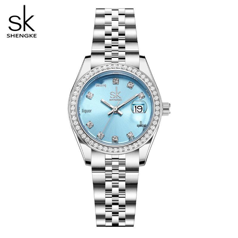 Montre-bracelet à quartz pour femme SK avec zircone, bracelet en acier et calendrier - En stock, Expédition rapide, Sensation de niche haut de gamme