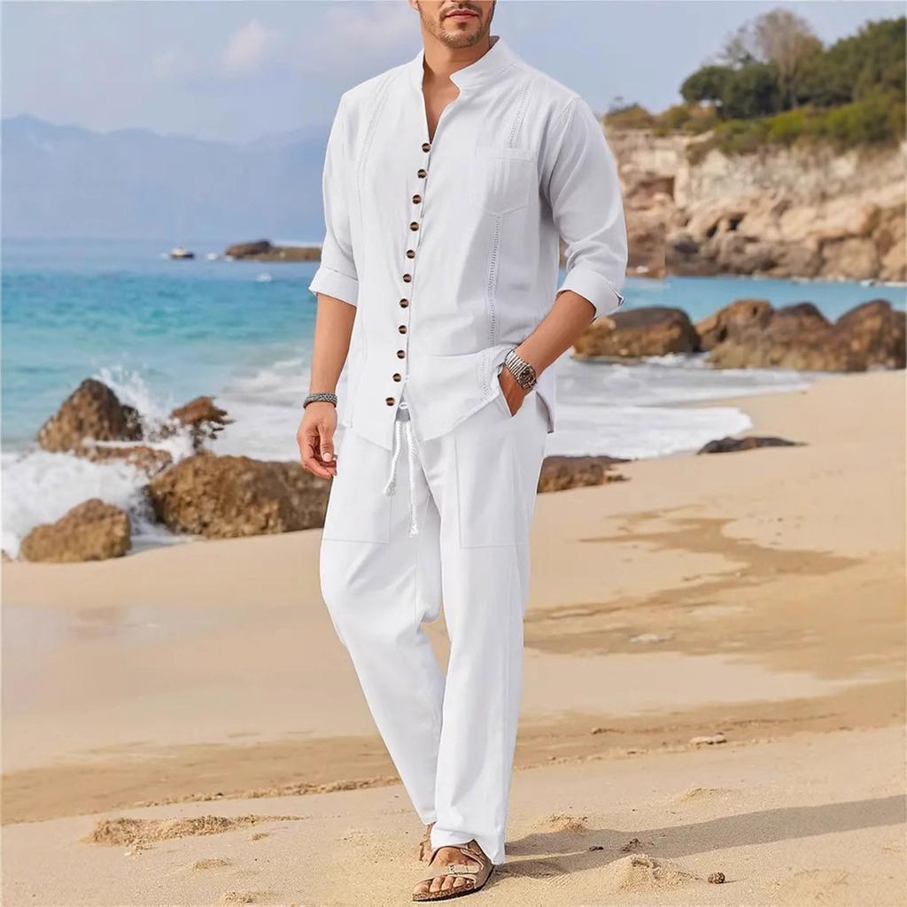 Men's Shirt And Trousers Suit Men's Casual Loose Long Sleeved Trousers Beach Suit