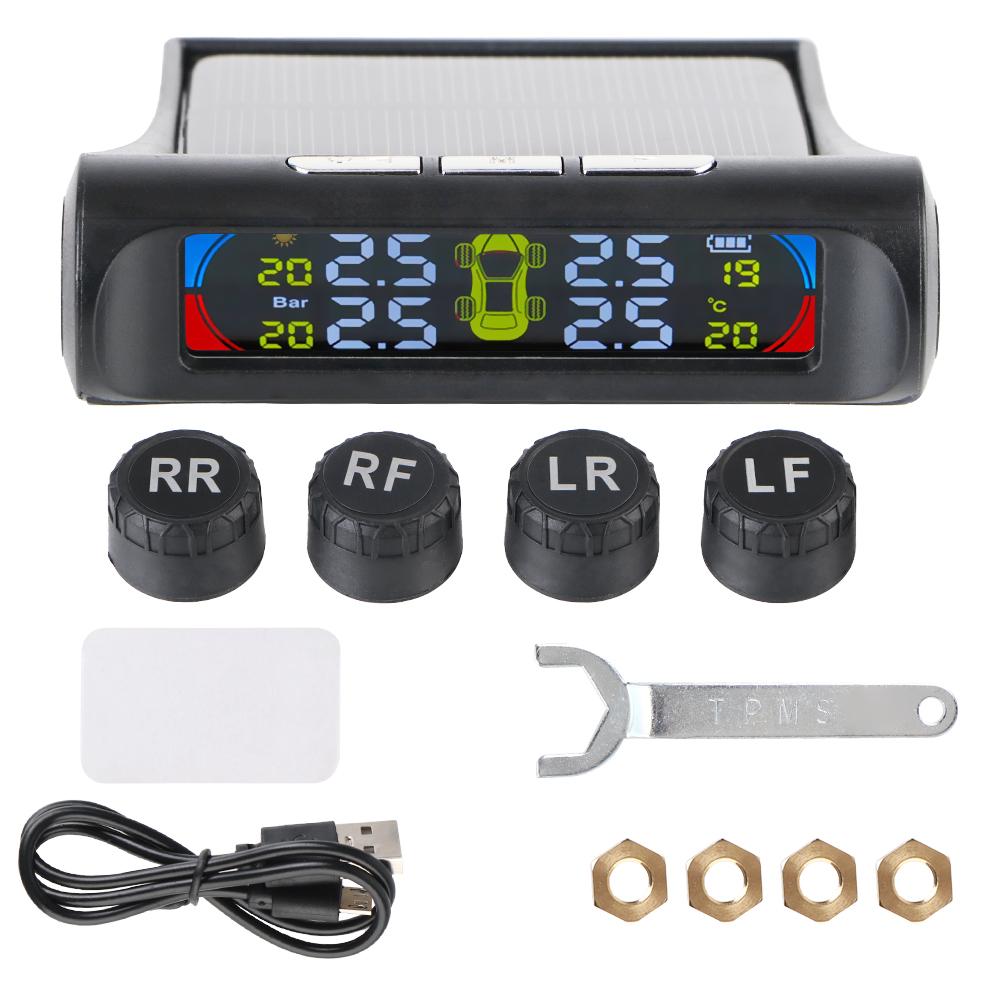 USB Solar TPMS 0-8Bar Car Tire Pressure Monitoring System Auto Security Alarm Systems Tyre Temperature Monitor with 4 Sensor