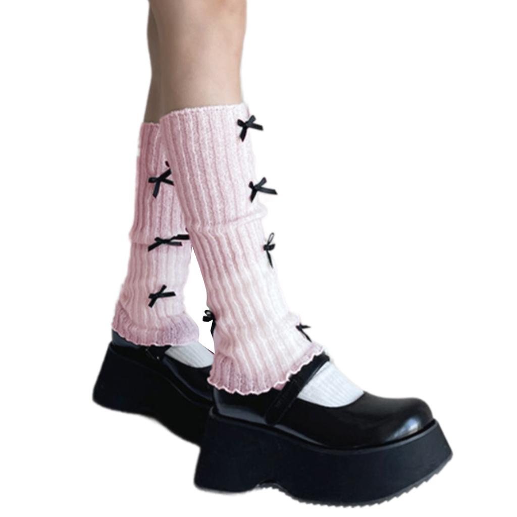 Sweet Girls Leg Warmers Women Ribbed Knit Foot Covers Elegant Bowknot Ruffled Trim Boot Cuffs Footless Long Calf Socks