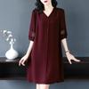 Plus Size Summer Dress V Neck Lace Hollow Out A Line Midi Knee Length Loose Half Sleeves Solid Color Single Breasted Womens Dress