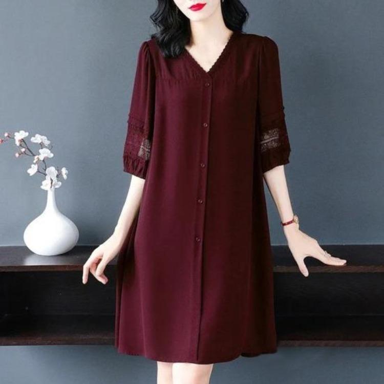 Plus Size Summer Dress V Neck Lace Hollow Out A Line Midi Knee Length Loose Half Sleeves Solid Color Single Breasted Womens Dress