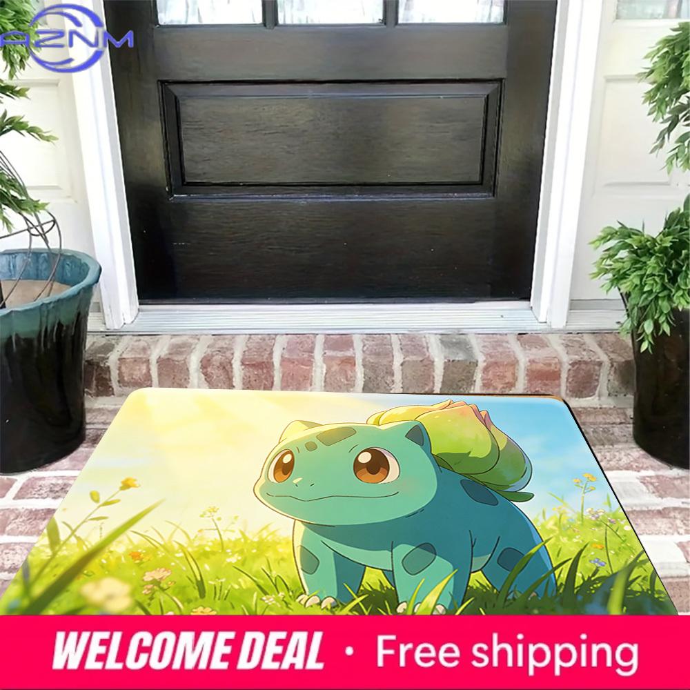 Cute Bulbasaur in Sunlit Flower Meadow Print Non-slip Doormat, Soft Absorbent Floor Rug for Home Decor