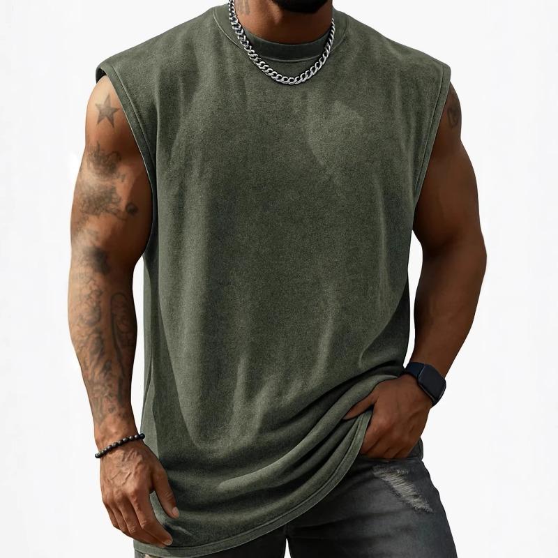 Men Washed Sleeveless Tank Top Crew Neck Multi Color Casual Gym Vest