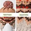 Women's Fair Isle Lace-Up Ear Protection Beanie: Thick, Warm Knitted Pompom Hat for Autumn & Winter