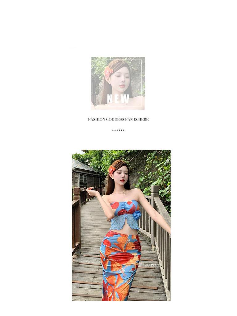 High-End Floral Bikini Three-Piece Set: Women's Slimming, Conservative Swimwear with Long Dress Cover-Up for Hot Springs.