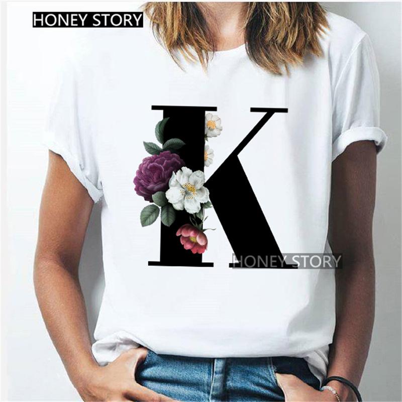 Kawaii English Alphabet Flowers Graphics Female T-Shirt 90S Summer Loose Short Sleeve Round Neck Female Tops Clothing