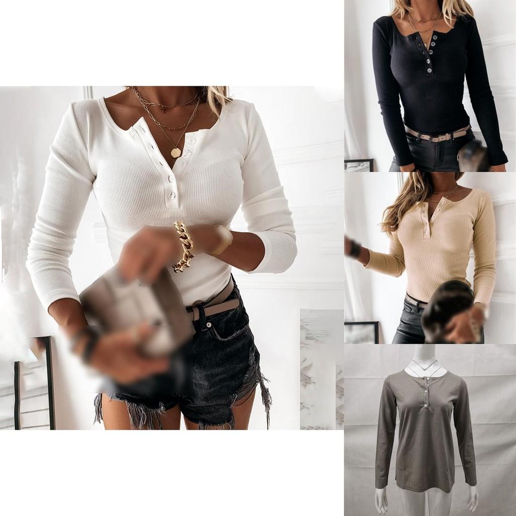 Fashionable Ladies Long Sleeve V Neck Button T Shirt Tee In Solid Colors For Casual Outfits