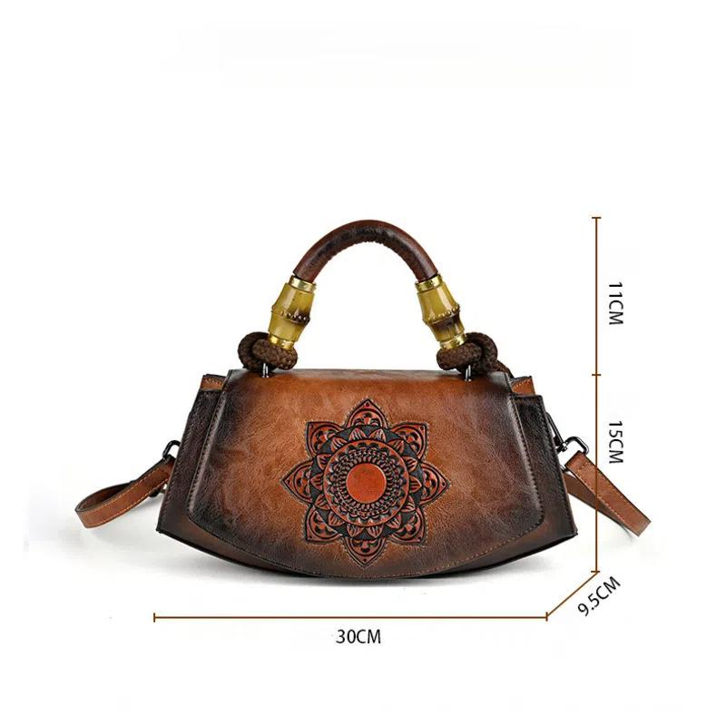 Vintage Embossed Leather Handbags for Women Designer Crossbody Shoulder Bag with Top Handle Chinese Style Handmade Purse 2025