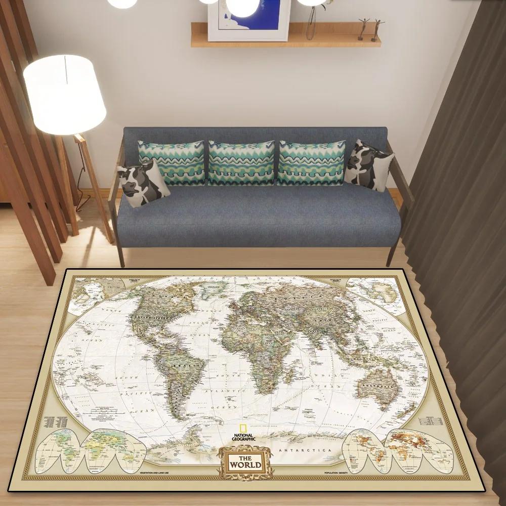 World Map Rug European and American Retro Dirty Resistant Easy Cleaning Flannel Carpet Living Room Bedroom Mat Home Decor New