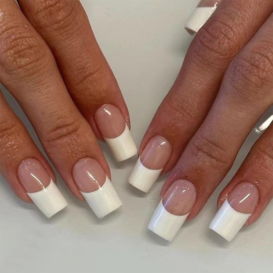 1 Set Square Press on Nails Reusable French Tip Stick-on Fake Nails Removable Full Cover Glue on False Nails for Women
