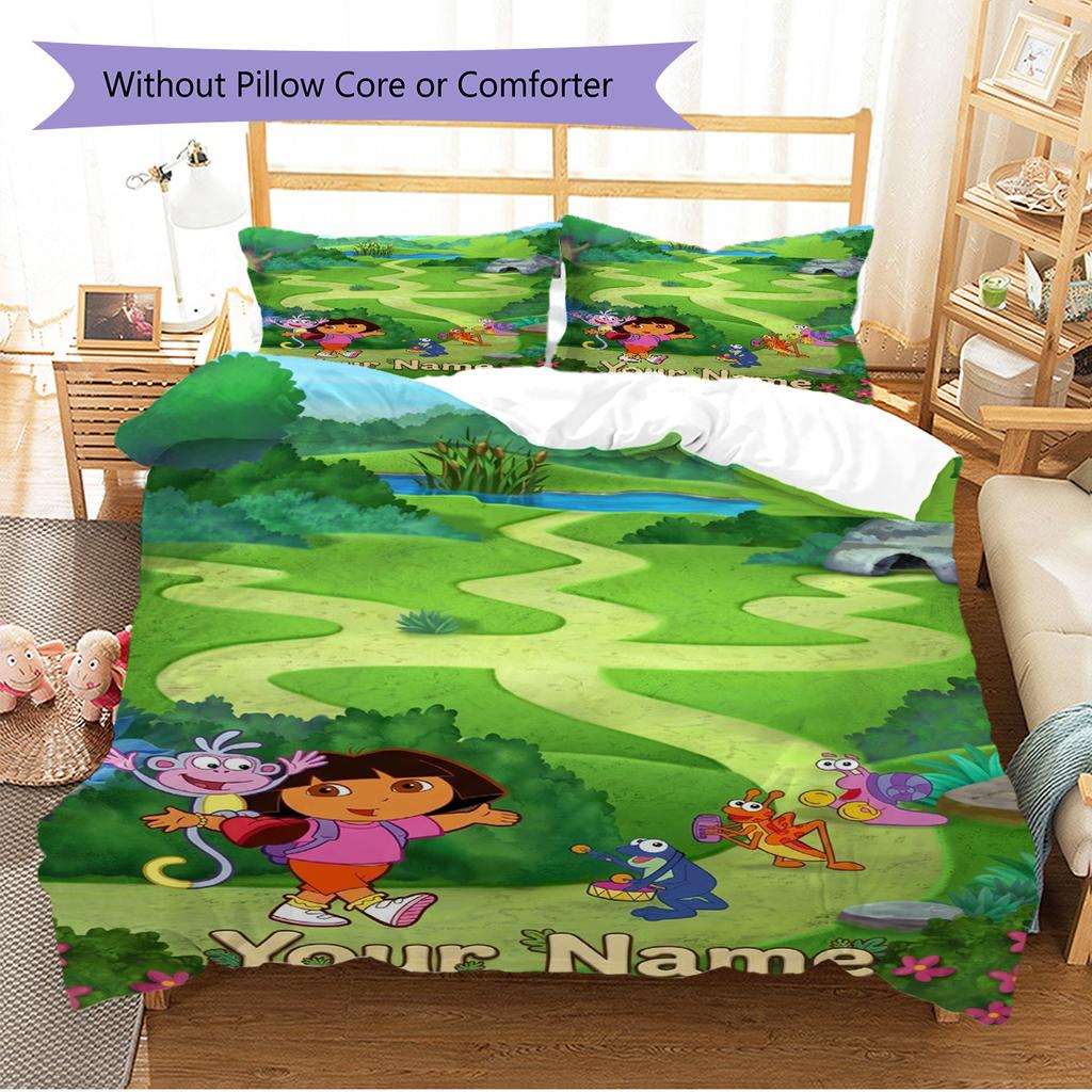 Name Custom Explorer Dora Pattern Bedding Set Quilt Cover Pillowcase Home Decor Gift (1 * Duvet Cover + 2 * Pillowcase, Without Core)