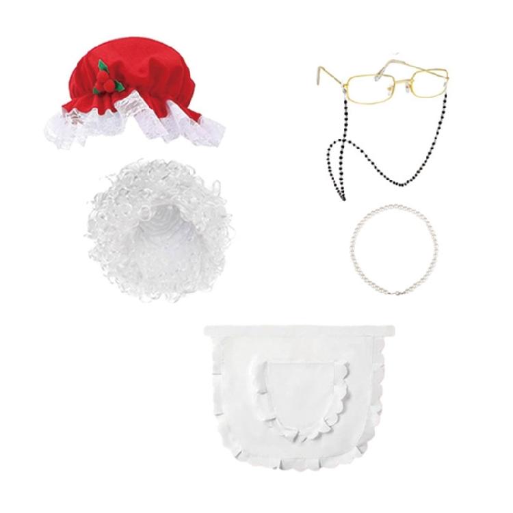 

Mrs. Clause Hat Santa Hair Eyeglasses Necklace Apron Set Santa Costume Decoration Christmas Costume for Women Cosplay 1