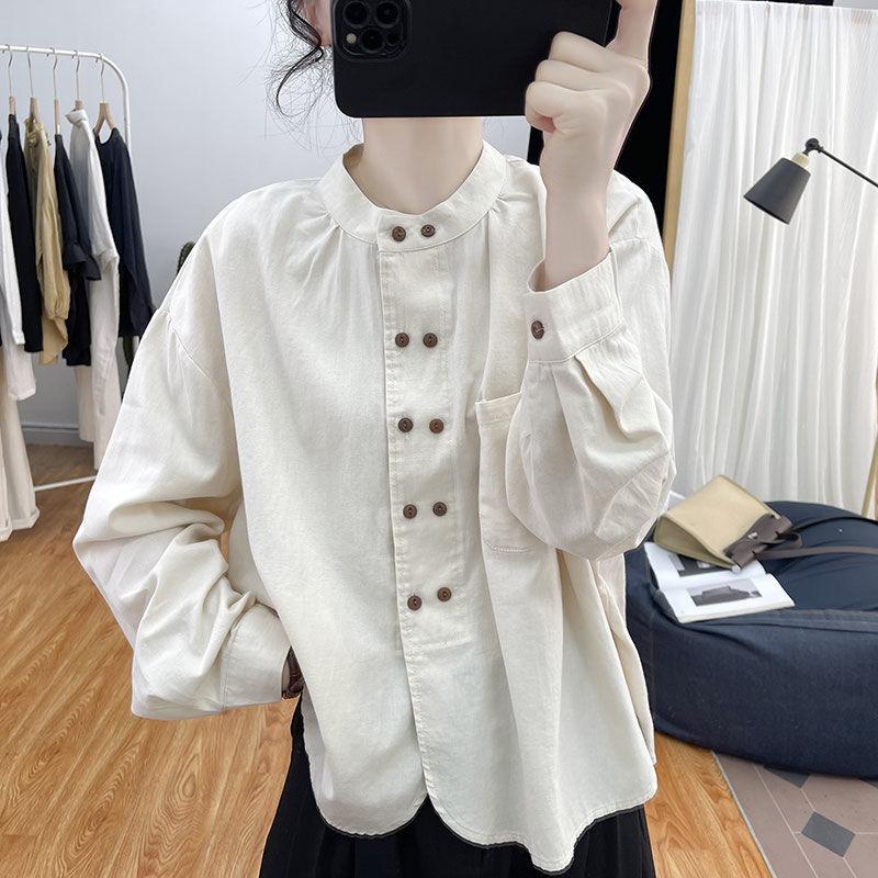 Cotton Shirt for Women Double Breasted Small Stand Collar Long Sleeved Shirt Commuting Top Shirt for Women