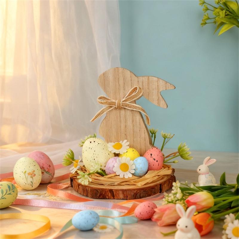 Hand Carved Wood Easter Hare Ornament Wooden Animal Figurine Festival Decoration For Mantels Tabletop Shelf Display