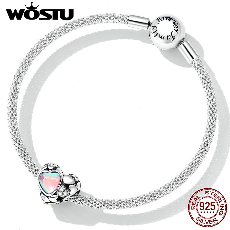 WOSTU 925 Sterling Silver Creative Hollow Hearts Charm Beaded Pendent Female Fit DIY Bracelet Bangle Jewelry Gifts
