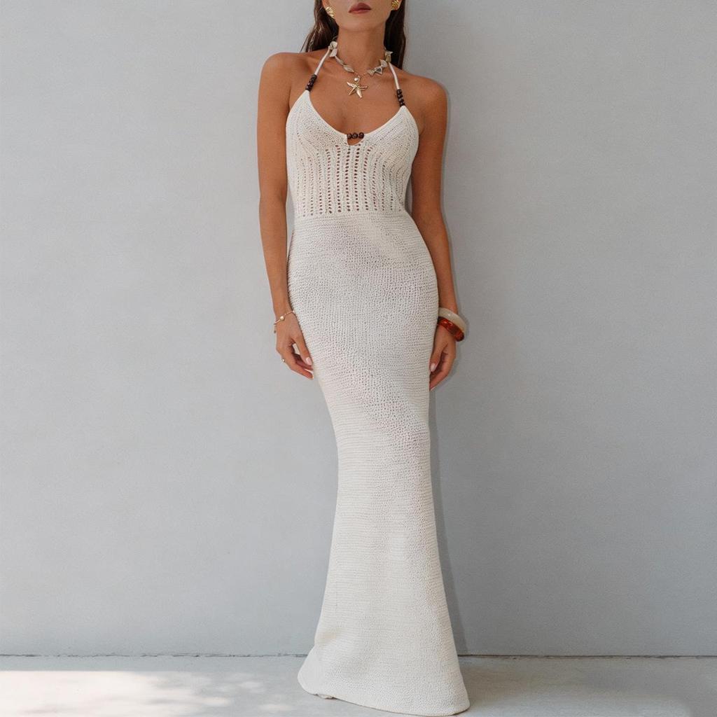 New Style Halter Neck Knitted Beach Dress - Sexy Long Beaded Wrap Skirt for Women