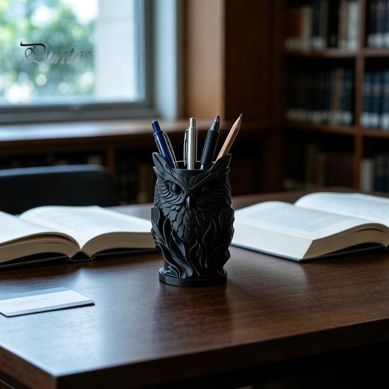 Desktop Stationery Organizer 3D Printed Owl Pen Holder, Creative Desk for Office Stationery, Decor Retro Relief Animal Storage Container Pencils