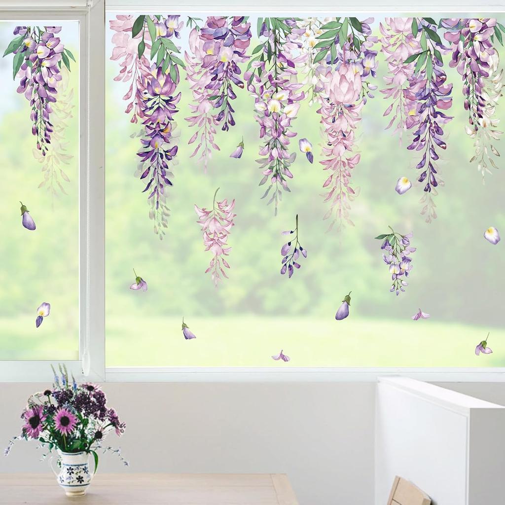 wondever Summer Purple Flower Window Clings Hanging Vine Wisteria Floral Leaf Glass Sticker Decal Anti Collision Double-Side Static Window Decals for