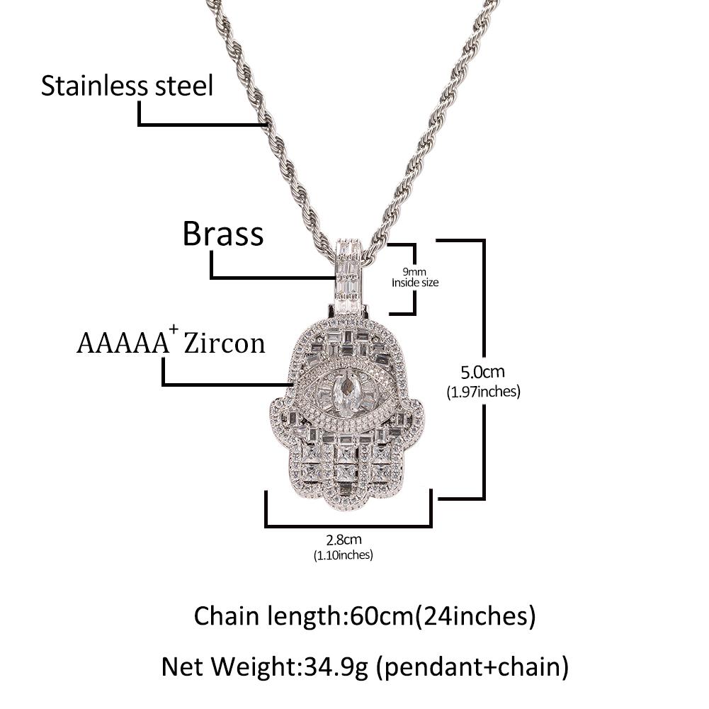THE BLING KING Big Stone Eye Hamsa Hand Pendant Iced Out Baguettecz Cubic Zirconia Luxury Necklace Hiphop Jewelry Party Gift