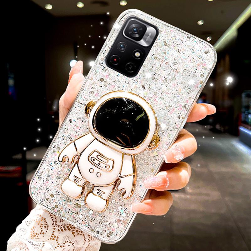 Astronaut Stand Glitter Silicone Case For Xiaomi Redmi Note 11 11S 10 10S 9 9S 9A 9C 10C 9T POCO X3 X4 F4 Gold Silver Foil Cover