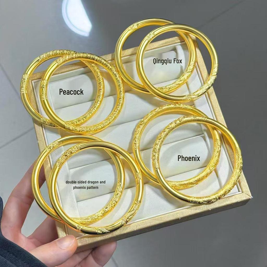 Vietnam Sand Gold Double-Sided Dragon & Phoenix Bangle - Chinese National Tide Style, Imitation Gold.