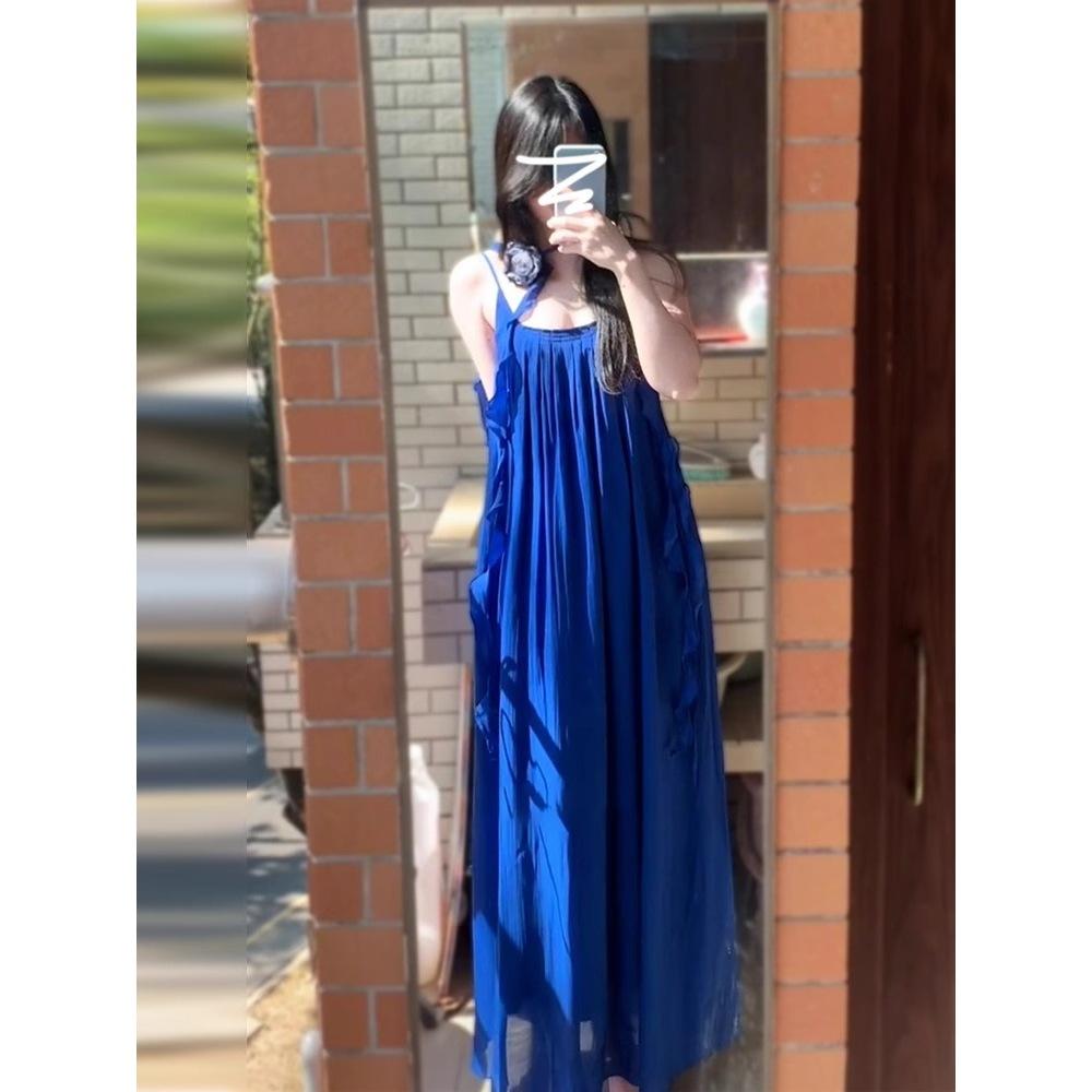 Kumikumi holiday style design sense loose blue suspender dress women's summer niche age-reducing A-word long dress