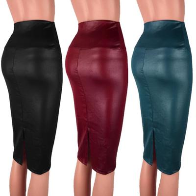ELadies Women High Waist Split Faux Leather Knee Length Bodycon Pencil Skirt