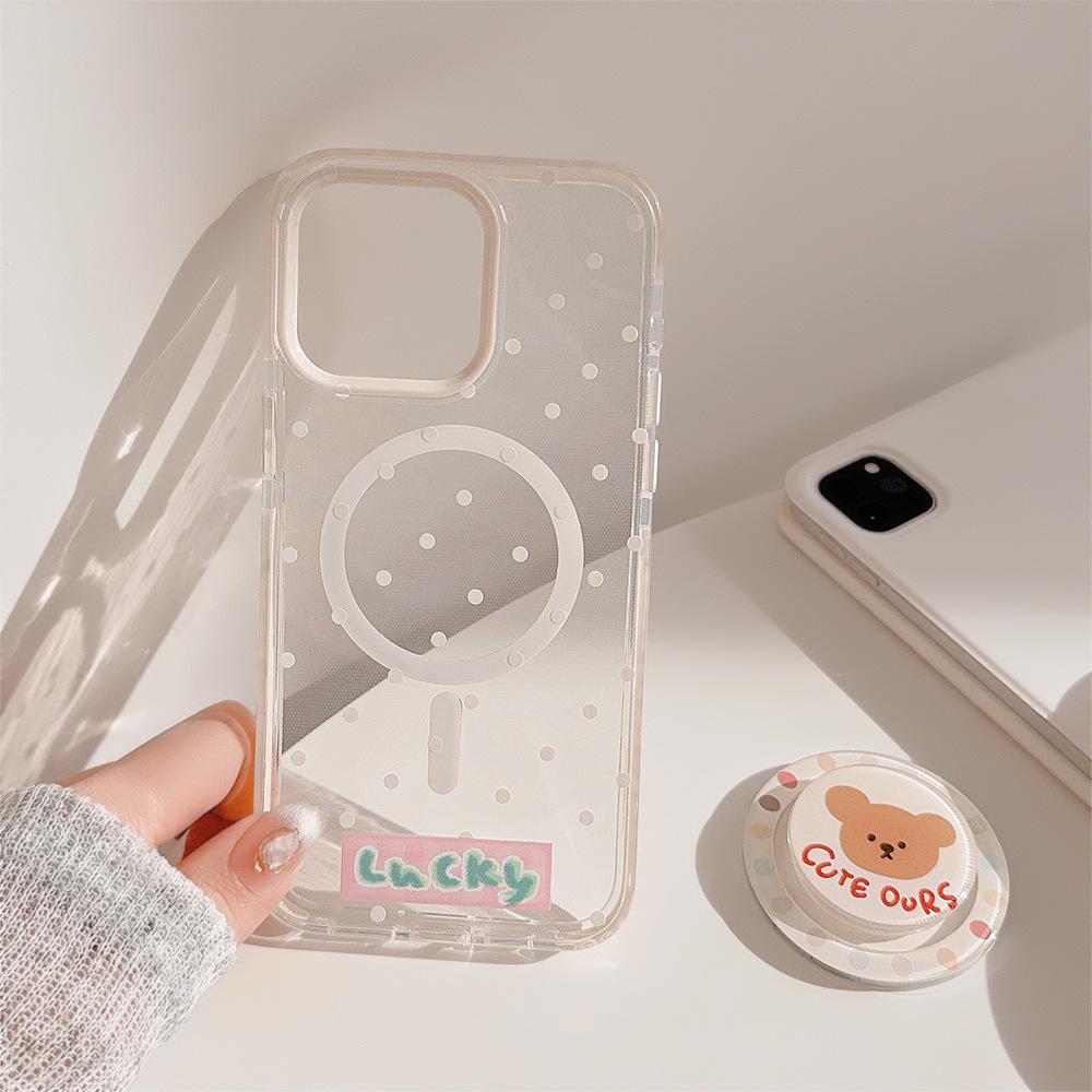 Polka Dot Bear Magnetic Snap Holder 15Promax Transparent IPhone Case 16 Applicable To 13 Anti Fall 12 Cute 11