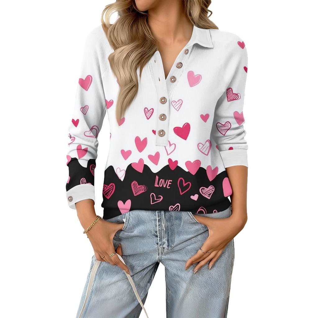 Damen Retro Street Lässiger V-Ausschnitt Langarm Knopf Valentinstag Herz Pullover Top