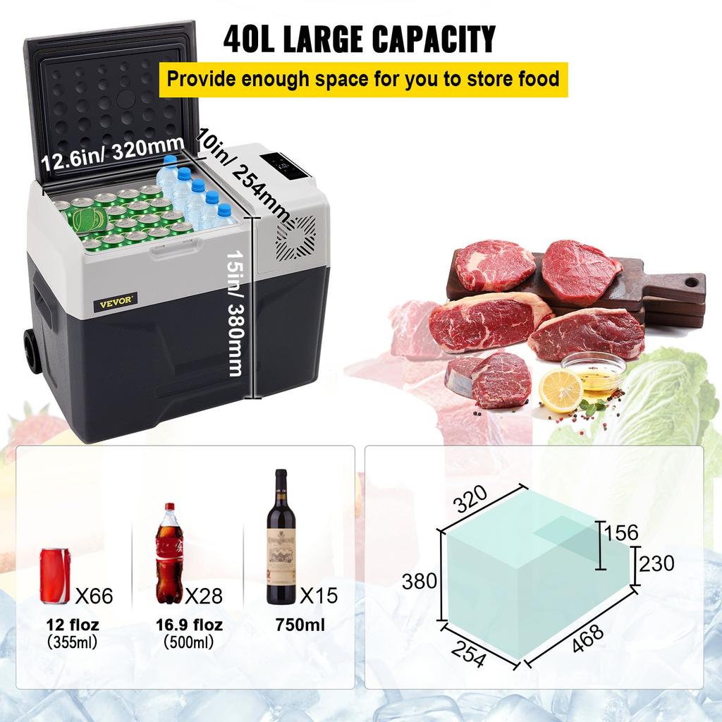 VEVOR Car Refrigerator, 12 Volt Car Refrigerator Fridge, 40 L Single Zone Portable Freezer with Wheels and Handle, -4 degrees F-68 degrees F